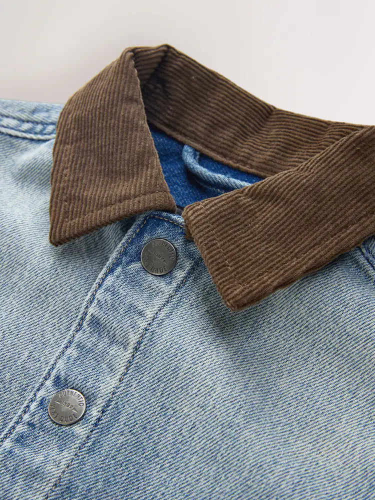 |Boy| Camisa Jeans Azul de Manga Longa com Gola de Veludo Cotelê (3 meses a 7 anos)