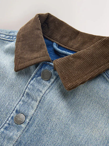 |Boy| Camisa Jeans Azul de Manga Longa com Gola de Veludo Cotelê (3 meses a 7 anos)