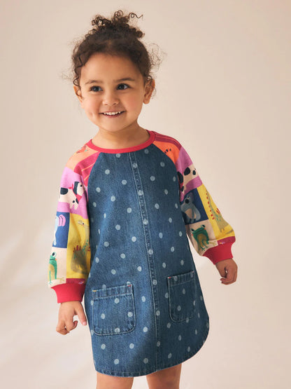 |Girl| Vestido Raglan Jeans com Estampa de Animal (3 meses a 8 anos)