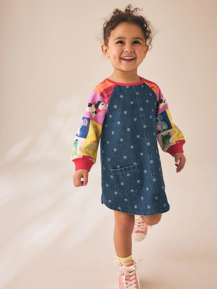 |Girl| Vestido Raglan Jeans com Estampa de Animal (3 meses a 8 anos)