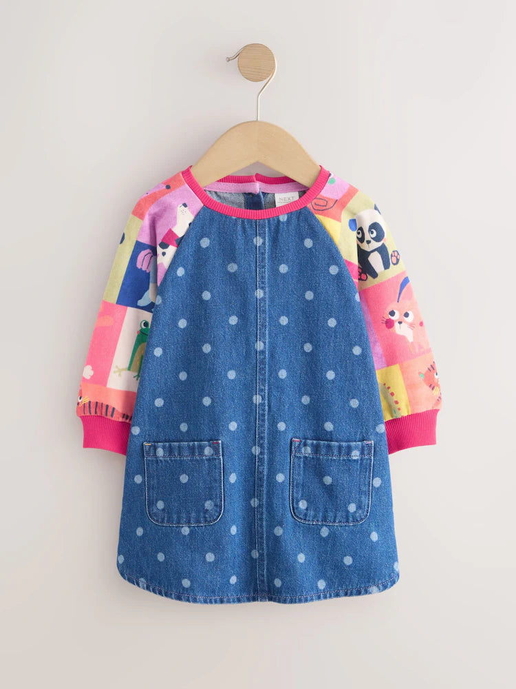 |Girl| Vestido Raglan Jeans com Estampa de Animal (3 meses a 8 anos)