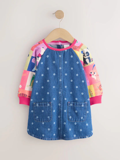 |Girl| Vestido Raglan Jeans com Estampa de Animal (3 meses a 8 anos)