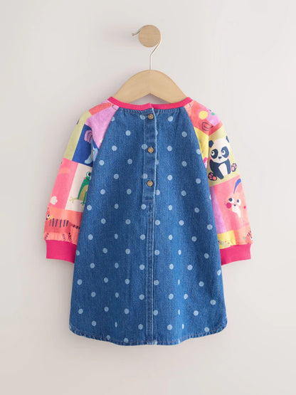 |Girl| Vestido Raglan Jeans com Estampa de Animal (3 meses a 8 anos)