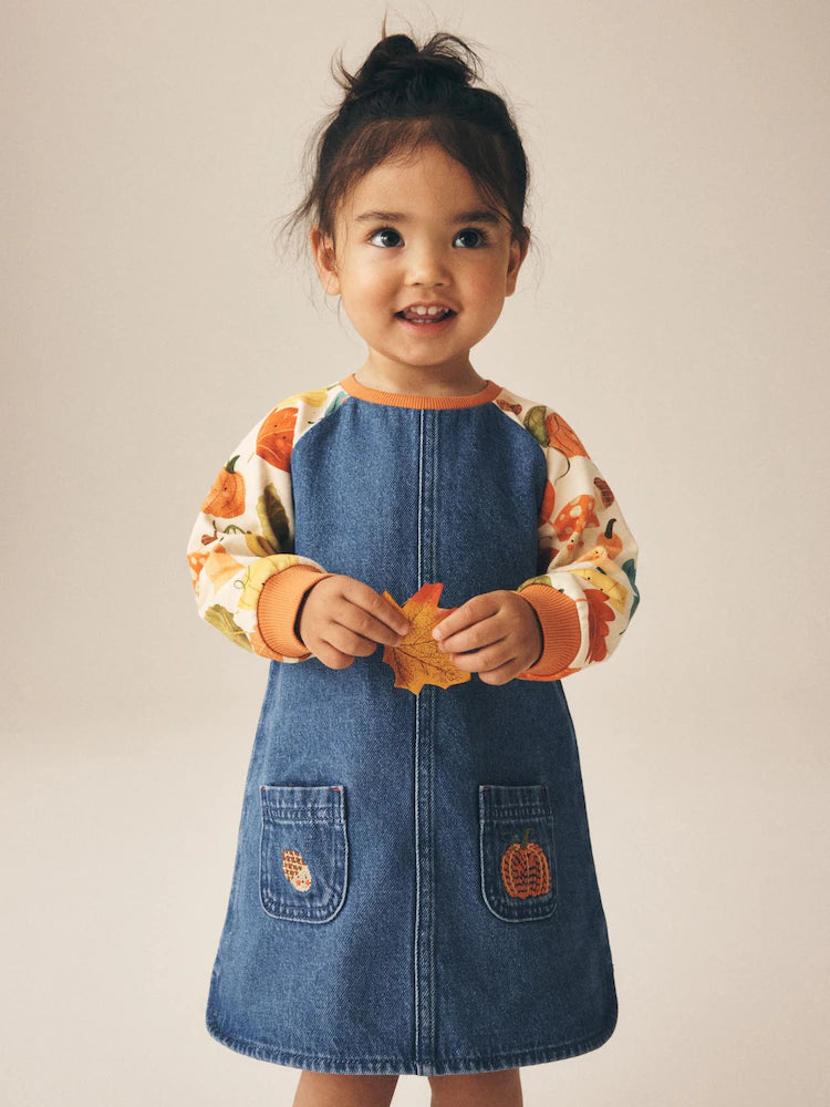 |Girl| Vestido Jeans Raglan com Estampa de Abóbora (3 meses a 8 anos)