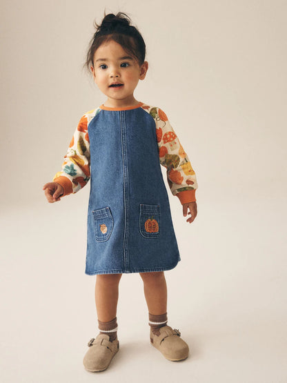 |Girl| Vestido Jeans Raglan com Estampa de Abóbora (3 meses a 8 anos)