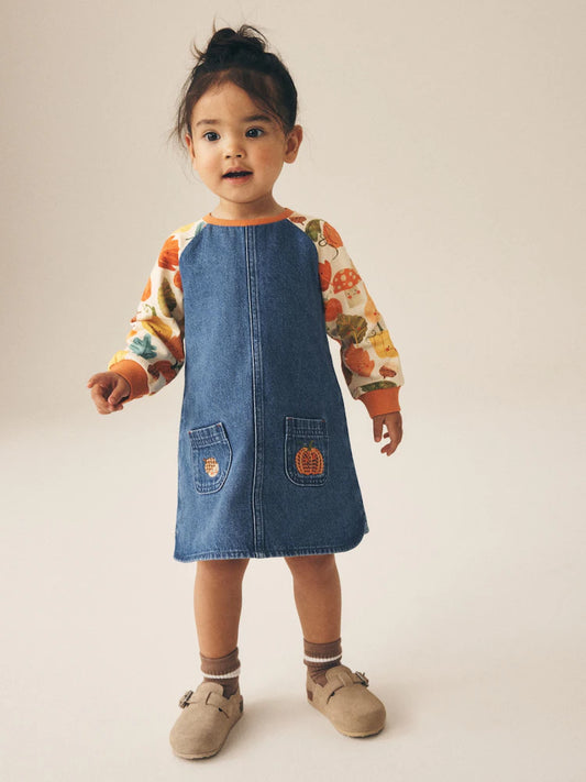 |Girl| Vestido Jeans Raglan com Estampa de Abóbora (3 meses a 8 anos)