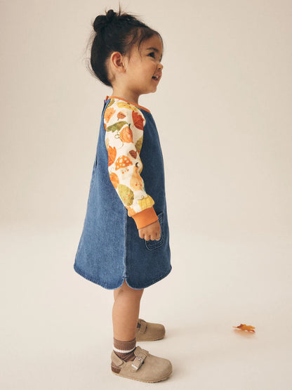 |Girl| Vestido Jeans Raglan com Estampa de Abóbora (3 meses a 8 anos)