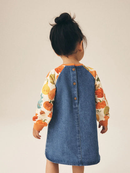 |Girl| Vestido Jeans Raglan com Estampa de Abóbora (3 meses a 8 anos)