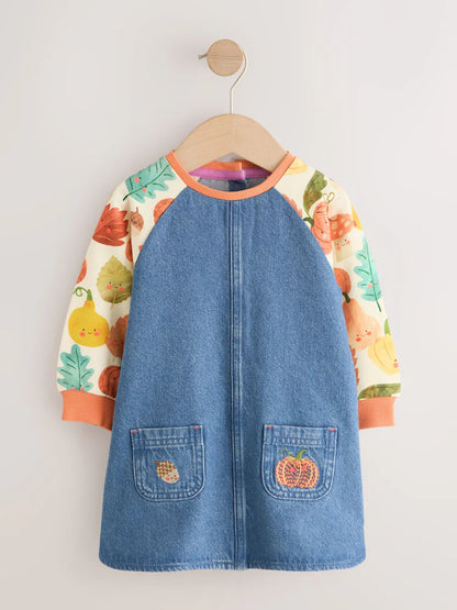 |Girl| Vestido Jeans Raglan com Estampa de Abóbora (3 meses a 8 anos)