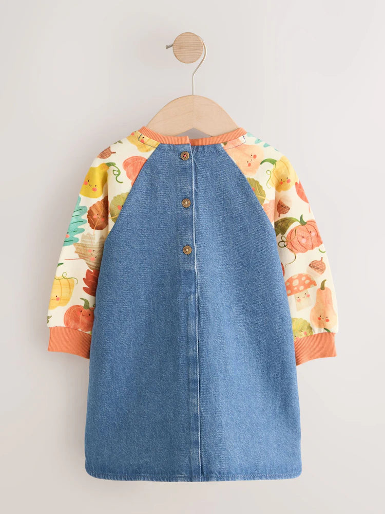 |Girl| Vestido Jeans Raglan com Estampa de Abóbora (3 meses a 8 anos)