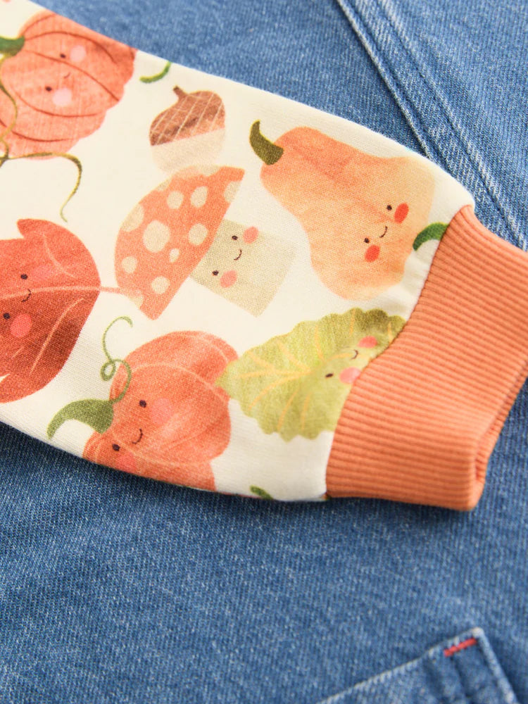 |Girl| Vestido Jeans Raglan com Estampa de Abóbora (3 meses a 8 anos)