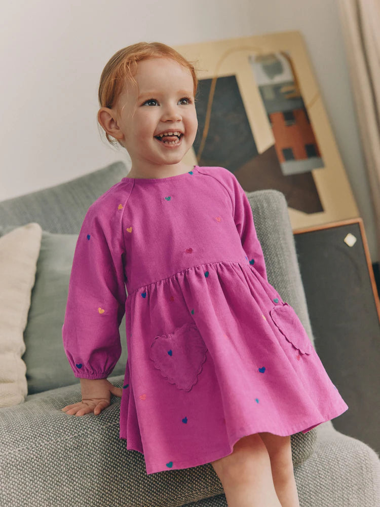 |Girl| Vestido de Veludo Cotelê Rosa-Magenta de Manga Longa (3 meses a 8 anos)