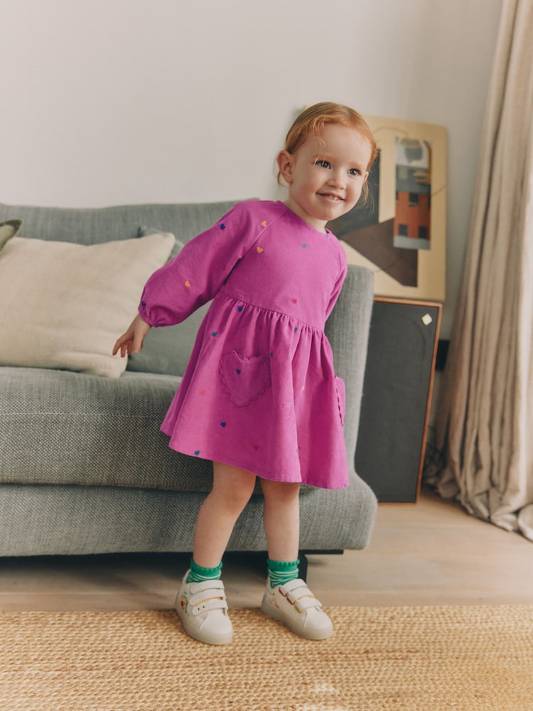 |Girl| Vestido de Veludo Cotelê Rosa-Magenta de Manga Longa (3 meses a 8 anos)