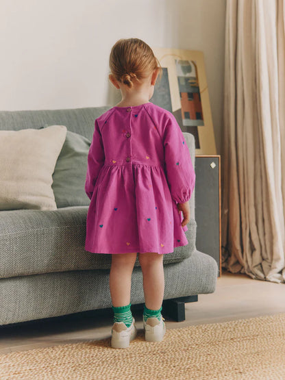 |Girl| Vestido de Veludo Cotelê Rosa-Magenta de Manga Longa (3 meses a 8 anos)