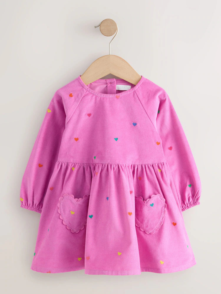 |Girl| Vestido de Veludo Cotelê Rosa-Magenta de Manga Longa (3 meses a 8 anos)