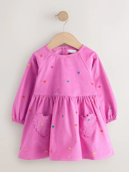 |Girl| Vestido de Veludo Cotelê Rosa-Magenta de Manga Longa (3 meses a 8 anos)