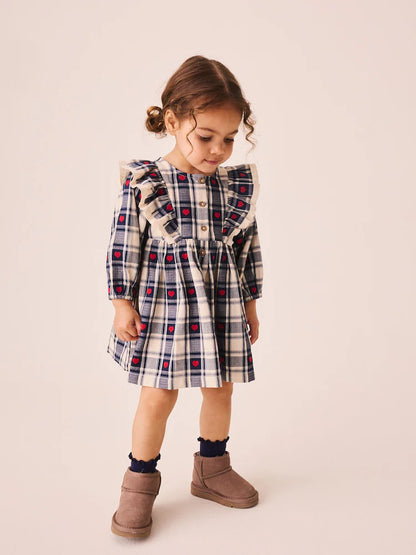 |Girl| Vestido Azul-Marinho de Manga Longa com Estampa de Corações e Xadrez e Gola com Babado (3 meses a 8 anos)