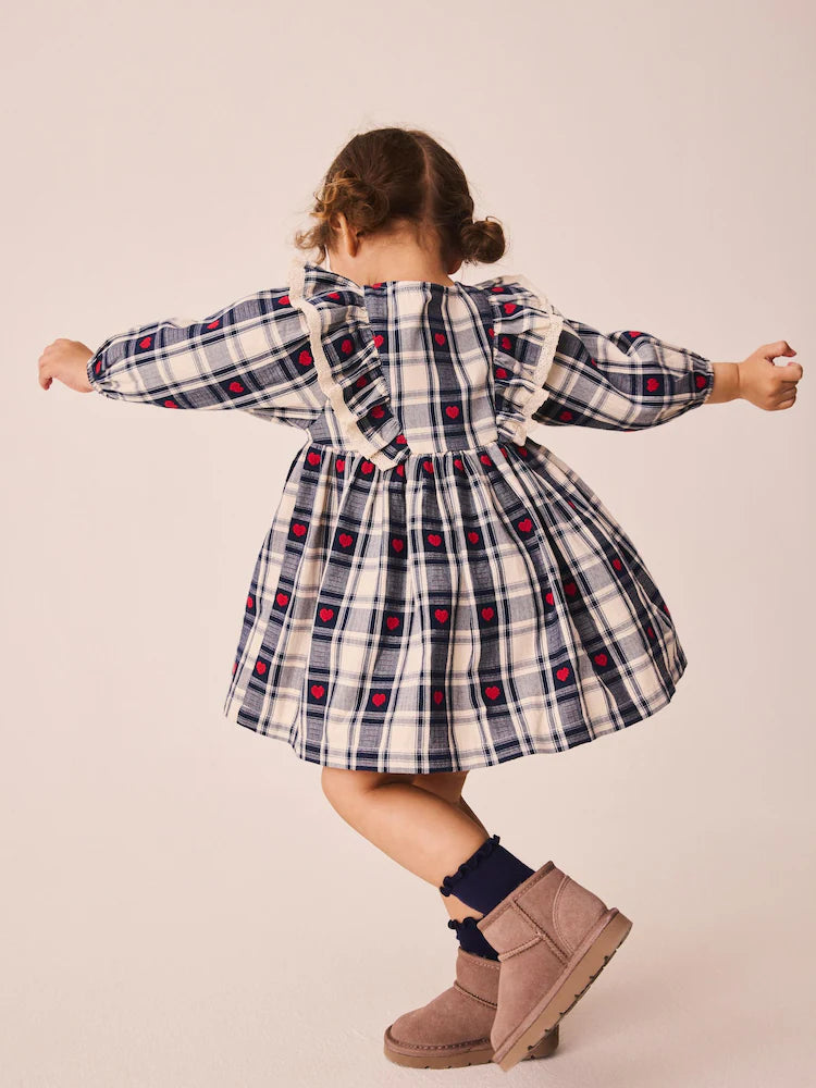 |Girl| Vestido Azul-Marinho de Manga Longa com Estampa de Corações e Xadrez e Gola com Babado (3 meses a 8 anos)