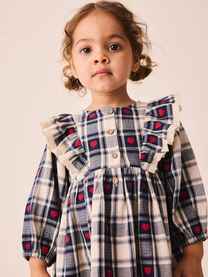|Girl| Vestido Azul-Marinho de Manga Longa com Estampa de Corações e Xadrez e Gola com Babado (3 meses a 8 anos)