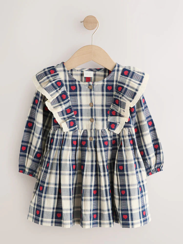 |Girl| Vestido Azul-Marinho de Manga Longa com Estampa de Corações e Xadrez e Gola com Babado (3 meses a 8 anos)