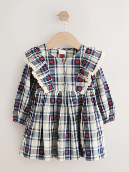 |Girl| Vestido Azul-Marinho de Manga Longa com Estampa de Corações e Xadrez e Gola com Babado (3 meses a 8 anos)
