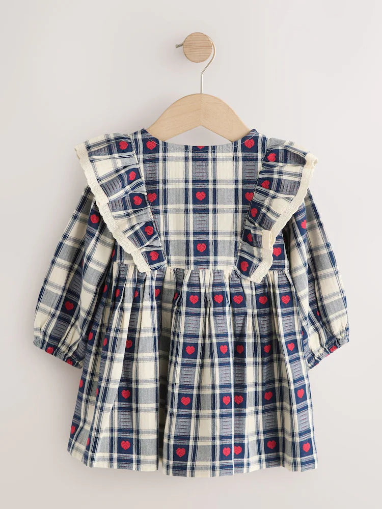|Girl| Vestido Azul-Marinho de Manga Longa com Estampa de Corações e Xadrez e Gola com Babado (3 meses a 8 anos)