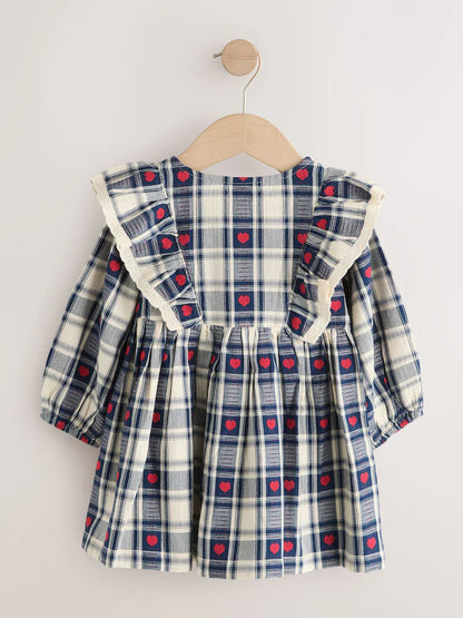 |Girl| Vestido Azul-Marinho de Manga Longa com Estampa de Corações e Xadrez e Gola com Babado (3 meses a 8 anos)