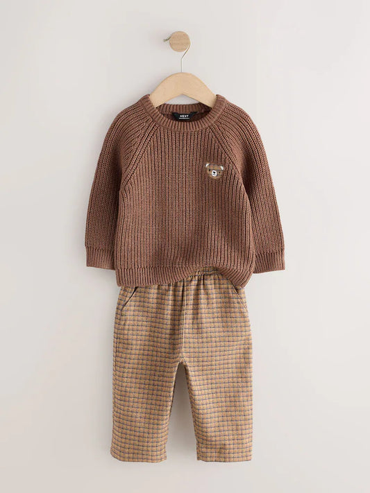 |Boy| Conjunto De Blusa De Tricô Marrom e Calça Wide Leg (3 meses a 7 anos)