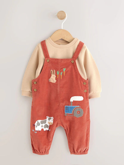 |BabyBoy| Conjunto de Bebê: Jardineira de Veludo Cotelê e Body (Cor: Marrom-Ferrugem) – (0 meses a 3 anos)