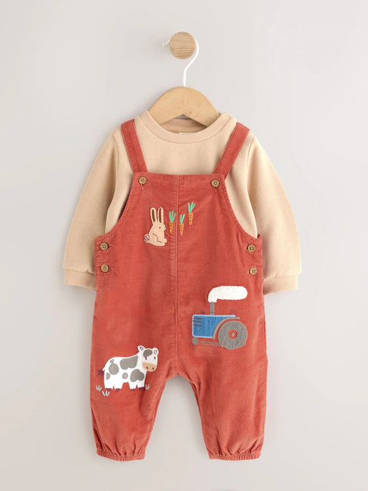|BabyBoy| Conjunto de Bebê: Jardineira de Veludo Cotelê e Body (Cor: Marrom-Ferrugem) – (0 meses a 3 anos)