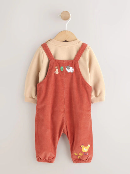 |BabyBoy| Conjunto de Bebê: Jardineira de Veludo Cotelê e Body (Cor: Marrom-Ferrugem) – (0 meses a 3 anos)