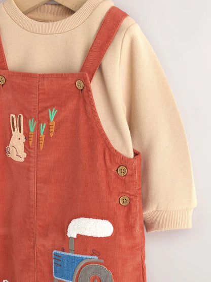 |BabyBoy| Conjunto de Bebê: Jardineira de Veludo Cotelê e Body (Cor: Marrom-Ferrugem) – (0 meses a 3 anos)