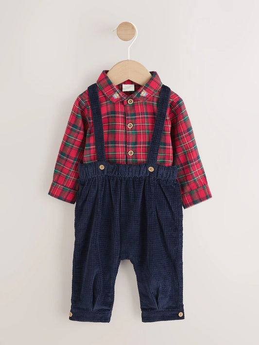 |BabyBoy| Conjunto De 3 Peças Para Bebê: Camisa Xadrez Vermelha, Calça e Suspensórios (0 meses a 2 anos)