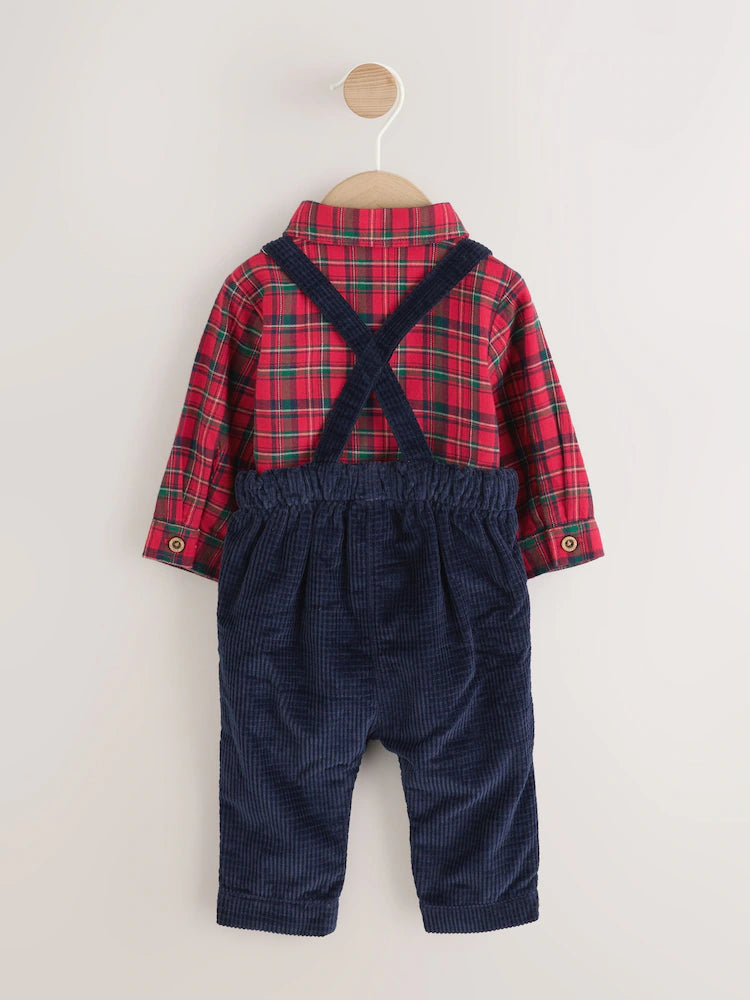 |BabyBoy| Conjunto De 3 Peças Para Bebê: Camisa Xadrez Vermelha, Calça e Suspensórios (0 meses a 2 anos)