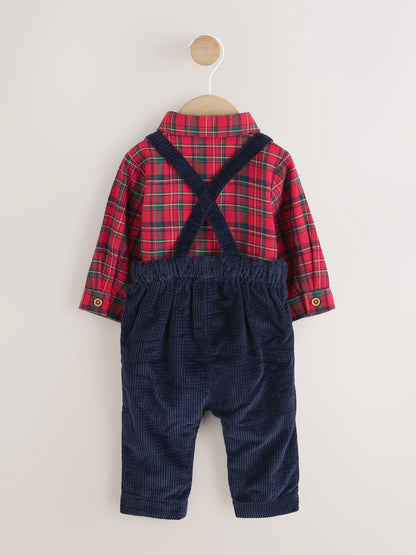 |BabyBoy| Conjunto De 3 Peças Para Bebê: Camisa Xadrez Vermelha, Calça e Suspensórios (0 meses a 2 anos)