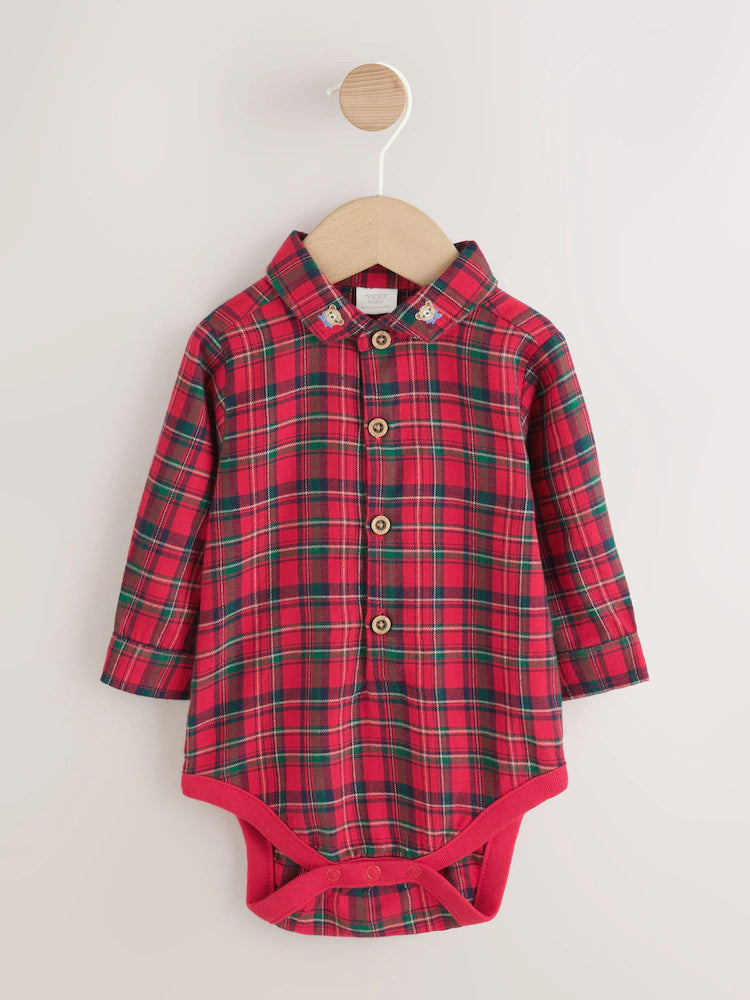 |BabyBoy| Conjunto De 3 Peças Para Bebê: Camisa Xadrez Vermelha, Calça e Suspensórios (0 meses a 2 anos)