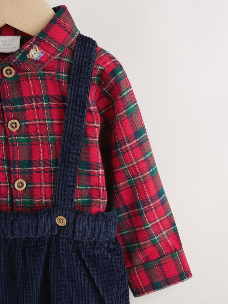 |BabyBoy| Conjunto De 3 Peças Para Bebê: Camisa Xadrez Vermelha, Calça e Suspensórios (0 meses a 2 anos)