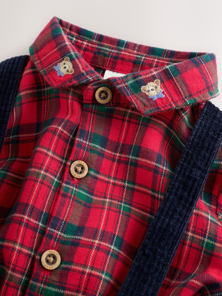 |BabyBoy| Conjunto De 3 Peças Para Bebê: Camisa Xadrez Vermelha, Calça e Suspensórios (0 meses a 2 anos)