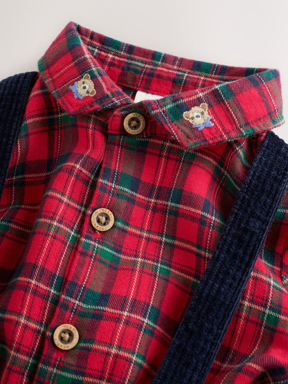 |BabyBoy| Conjunto De 3 Peças Para Bebê: Camisa Xadrez Vermelha, Calça e Suspensórios (0 meses a 2 anos)