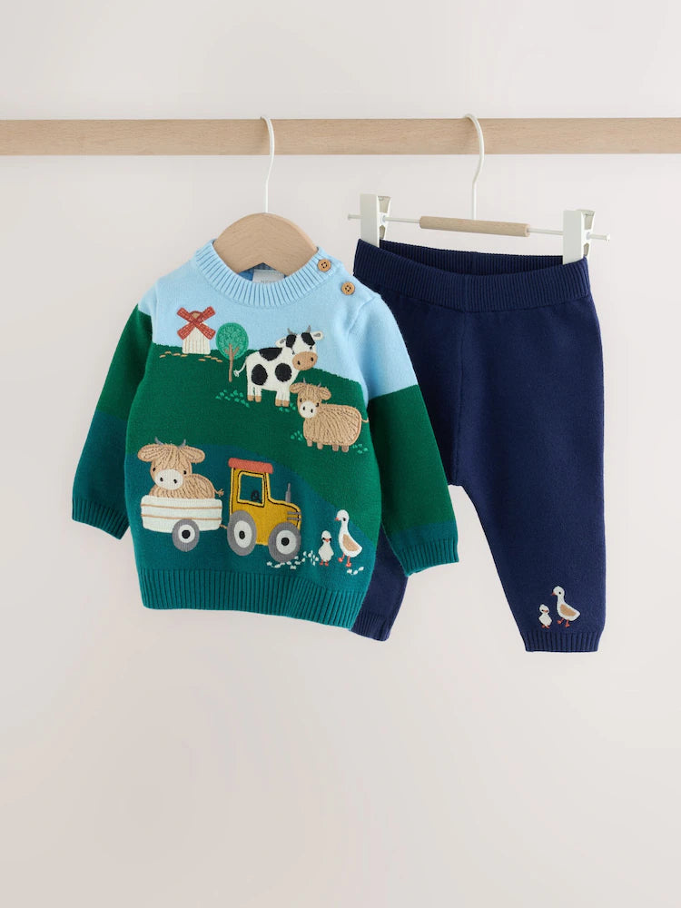 |BabyBoy| Conjunto De Tricô Para Bebê Hamish Farm (verde/azul): Blusão e Legging (0 meses a 2 anos)