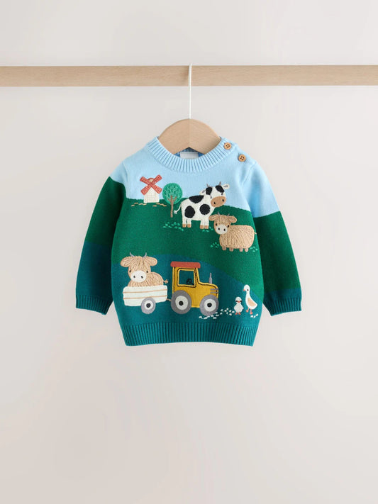 |BabyBoy| Conjunto De Tricô Para Bebê Hamish Farm (verde/azul): Blusão e Legging (0 meses a 2 anos)