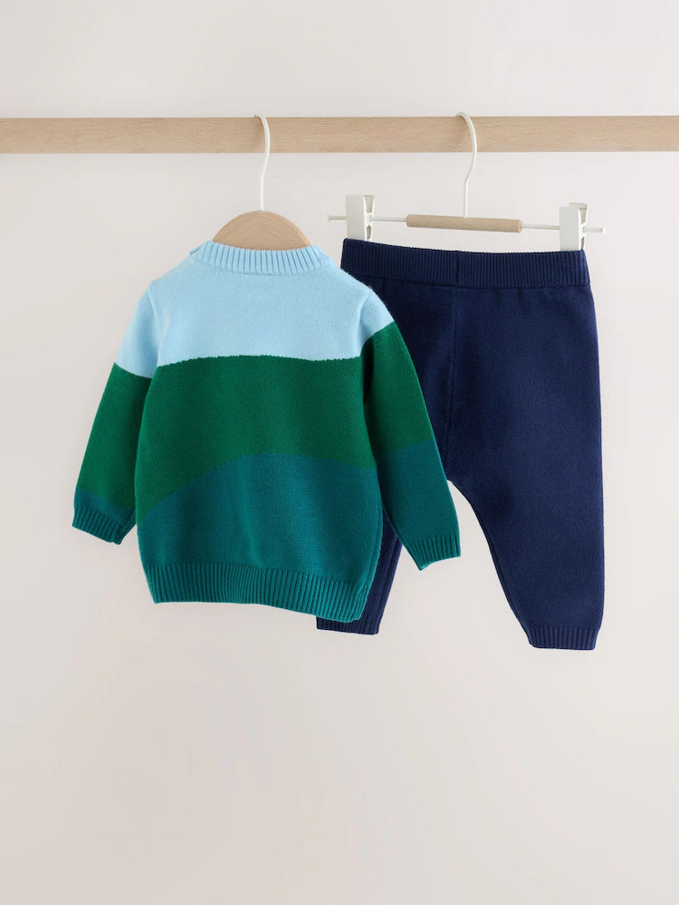 |BabyBoy| Conjunto De Tricô Para Bebê Hamish Farm (verde/azul): Blusão e Legging (0 meses a 2 anos)