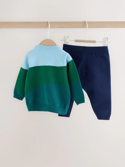 |BabyBoy| Conjunto De Tricô Para Bebê Hamish Farm (verde/azul): Blusão e Legging (0 meses a 2 anos)