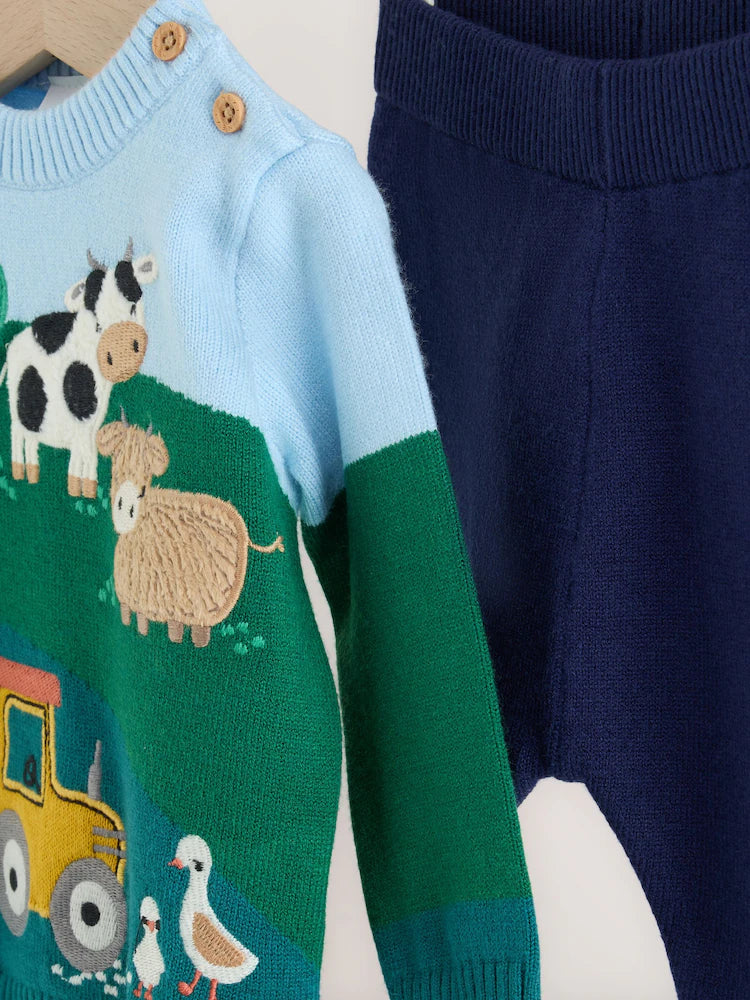 |BabyBoy| Conjunto De Tricô Para Bebê Hamish Farm (verde/azul): Blusão e Legging (0 meses a 2 anos)
