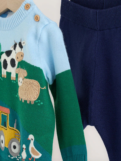 |BabyBoy| Conjunto De Tricô Para Bebê Hamish Farm (verde/azul): Blusão e Legging (0 meses a 2 anos)
