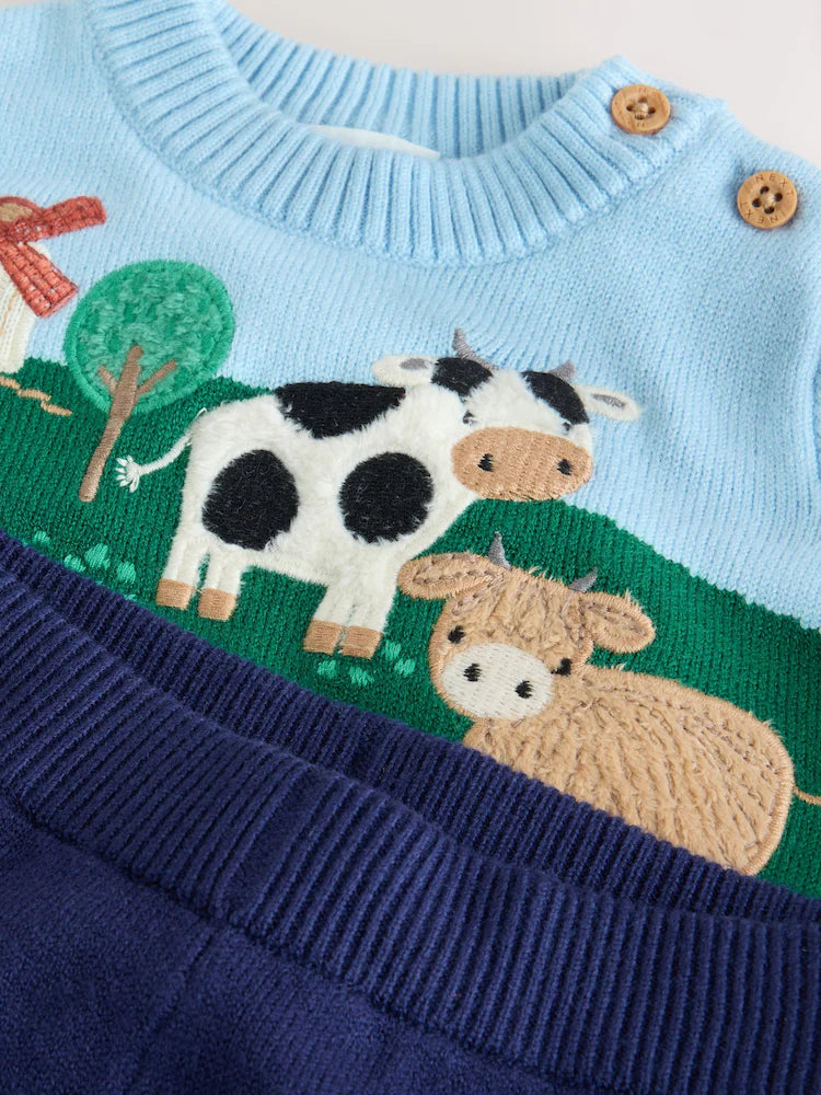 |BabyBoy| Conjunto De Tricô Para Bebê Hamish Farm (verde/azul): Blusão e Legging (0 meses a 2 anos)