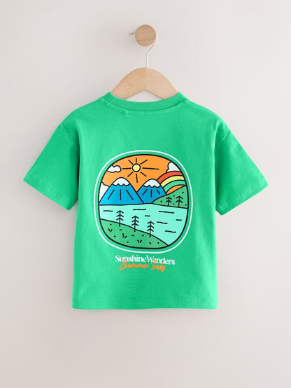 |Boy| Camiseta Estampada Nas Costas, Manga Curta, 100% Algodão, Green Scene (3 meses a 7 anos)