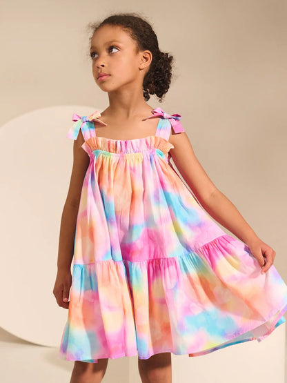 |BigGirl| Vestido De Verão Com Alças e Estampa De Mármore Arco-íris (3-16 anos)