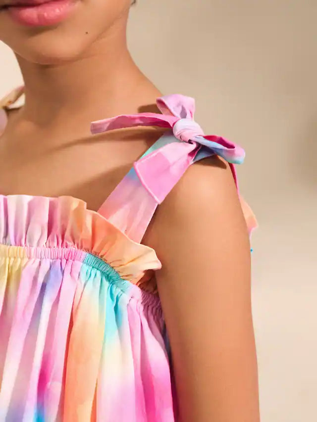 |BigGirl| Vestido De Verão Com Alças e Estampa De Mármore Arco-íris (3-16 anos)