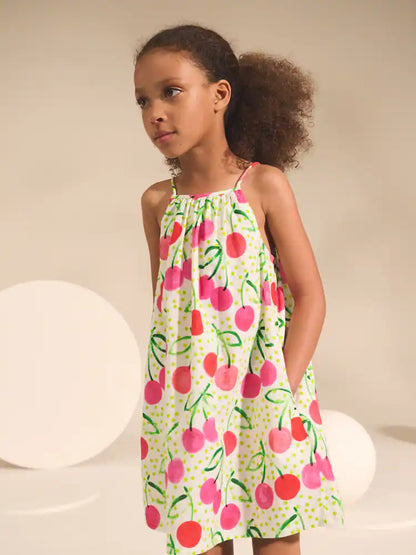 |BigGirl| Vestido De Verão 100% Algodão Com Estampa De Cereja (3-16 anos)